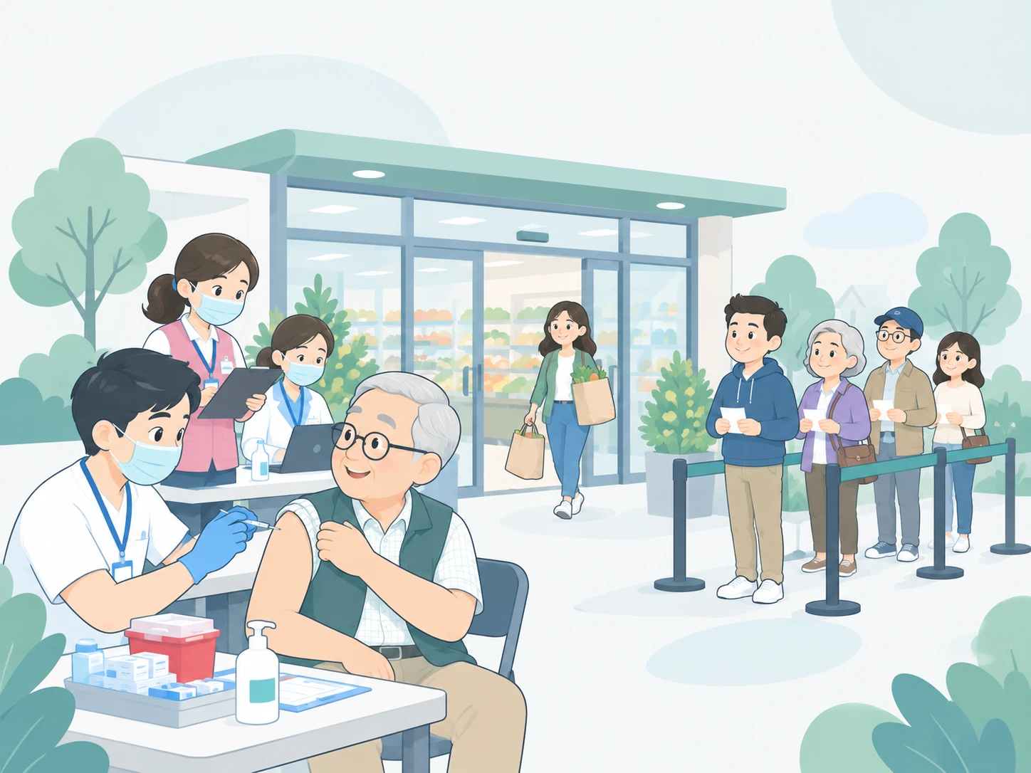 超市門口的疫苗接種站：醫護人員為長者施打，民眾排隊等候
